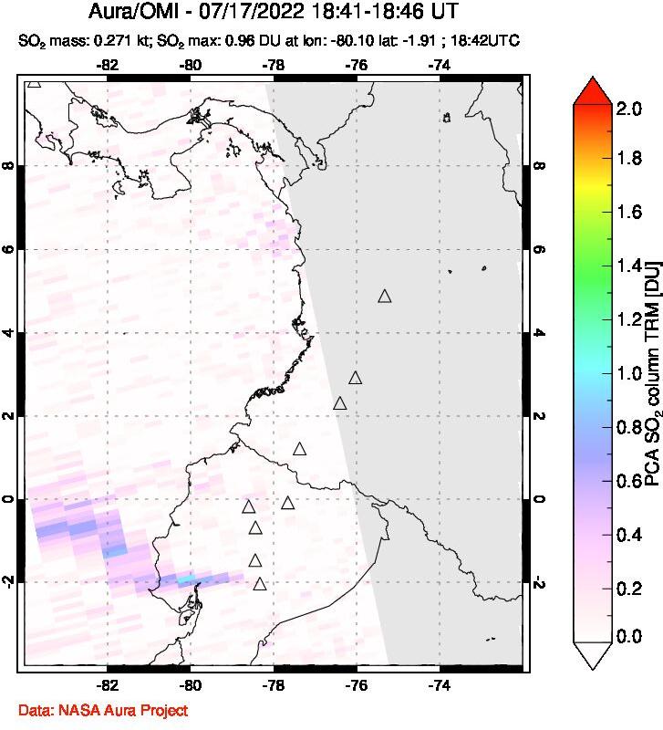 A sulfur dioxide image over Ecuador on Jul 17, 2022.