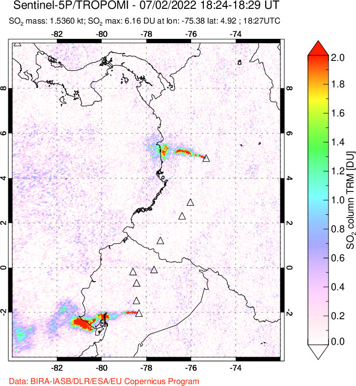 A sulfur dioxide image over Ecuador on Jul 02, 2022.