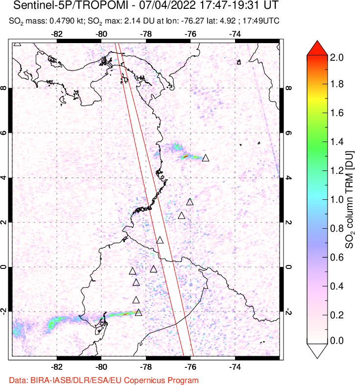 A sulfur dioxide image over Ecuador on Jul 04, 2022.