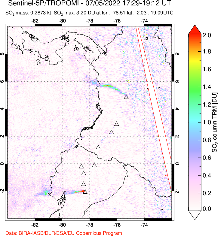 A sulfur dioxide image over Ecuador on Jul 05, 2022.