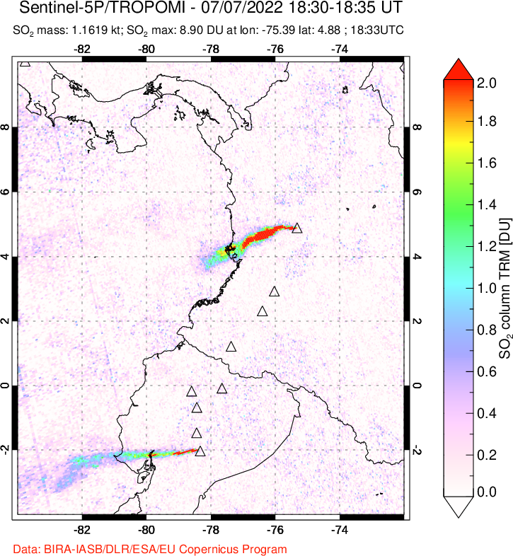 A sulfur dioxide image over Ecuador on Jul 07, 2022.