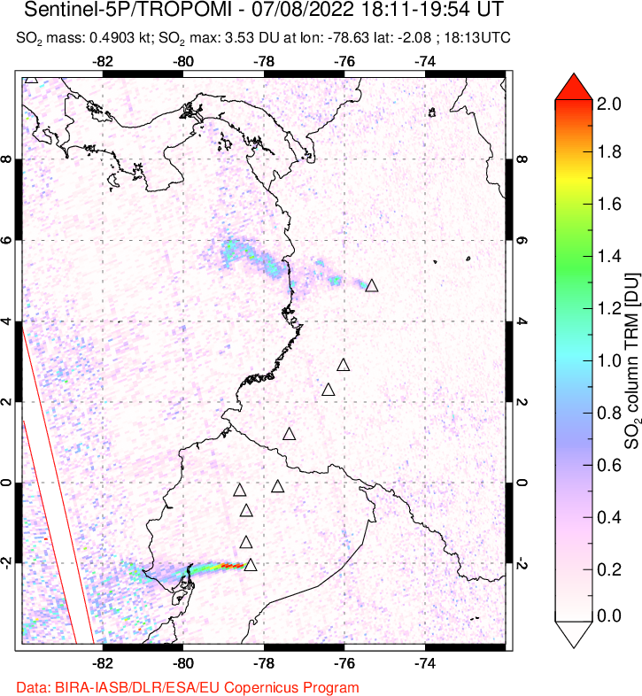 A sulfur dioxide image over Ecuador on Jul 08, 2022.