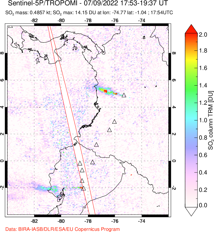 A sulfur dioxide image over Ecuador on Jul 09, 2022.
