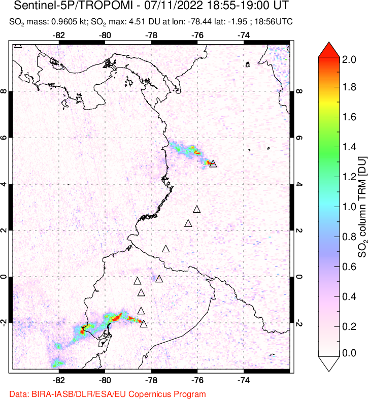 A sulfur dioxide image over Ecuador on Jul 11, 2022.
