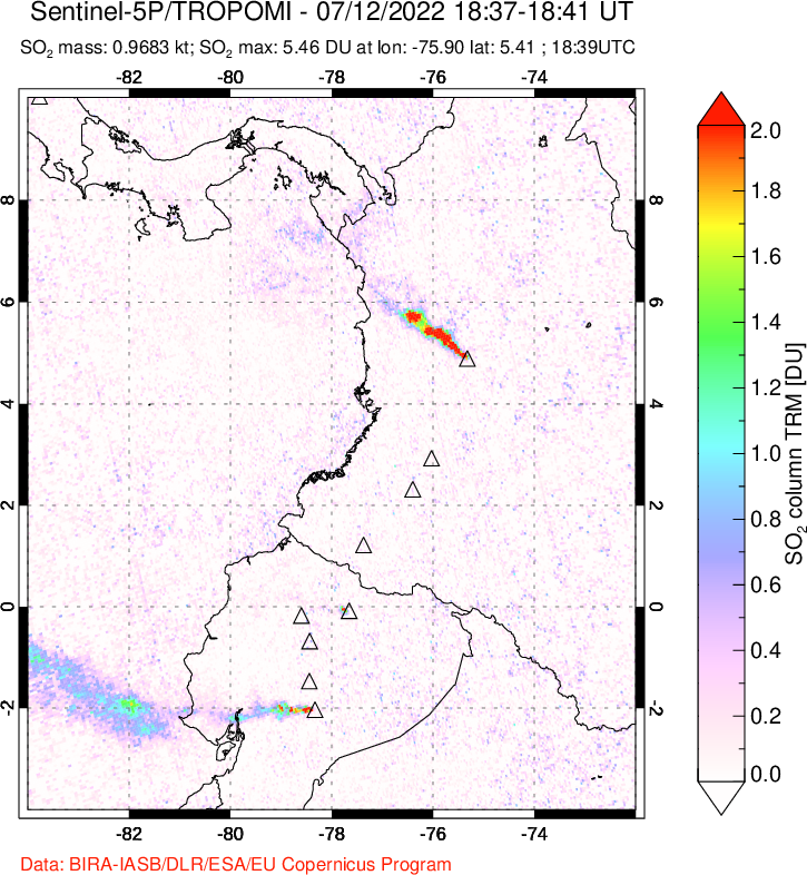 A sulfur dioxide image over Ecuador on Jul 12, 2022.