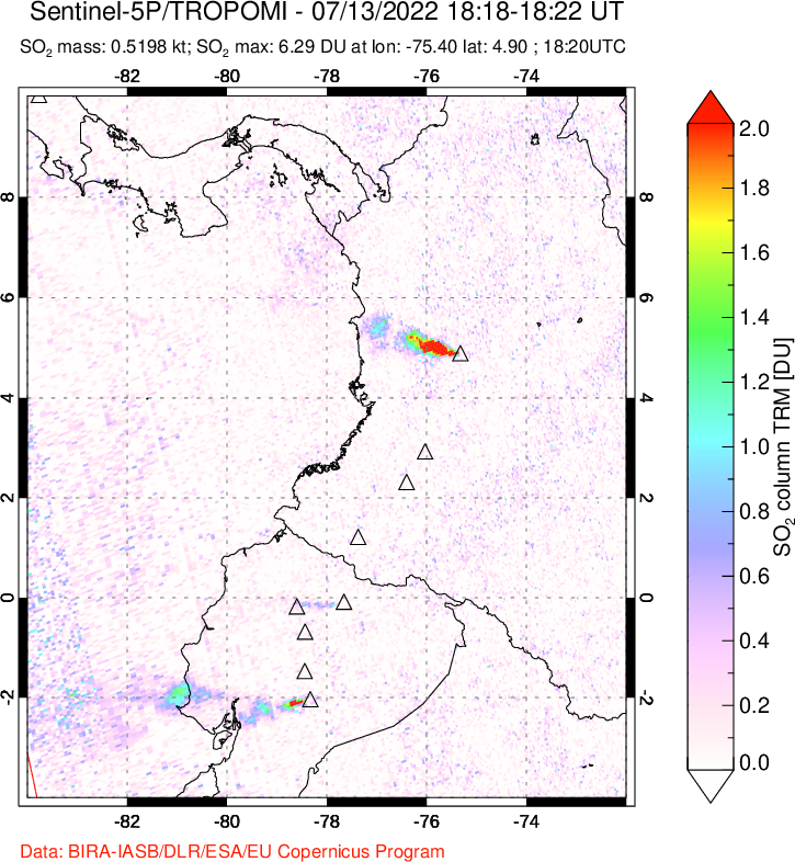 A sulfur dioxide image over Ecuador on Jul 13, 2022.