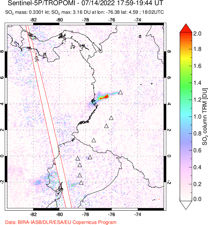 A sulfur dioxide image over Ecuador on Jul 14, 2022.