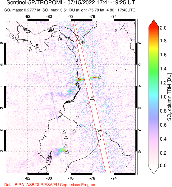 A sulfur dioxide image over Ecuador on Jul 15, 2022.