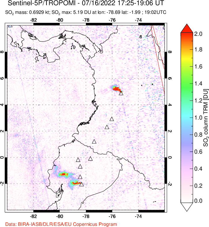A sulfur dioxide image over Ecuador on Jul 16, 2022.