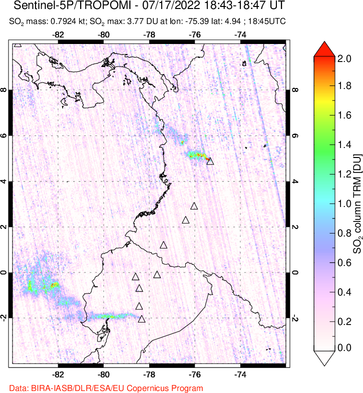 A sulfur dioxide image over Ecuador on Jul 17, 2022.