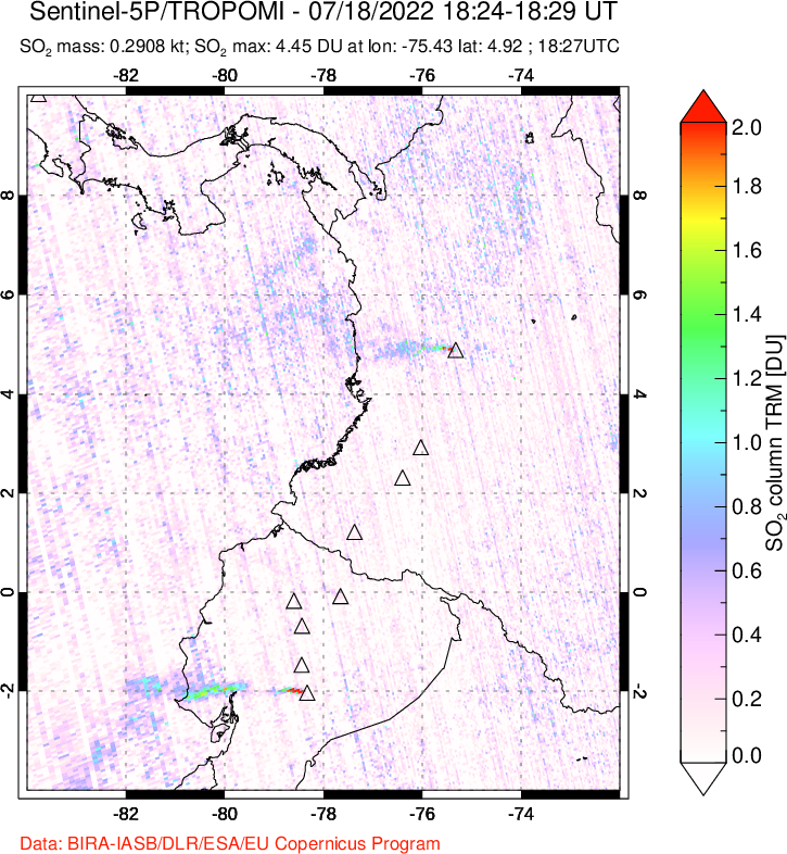 A sulfur dioxide image over Ecuador on Jul 18, 2022.