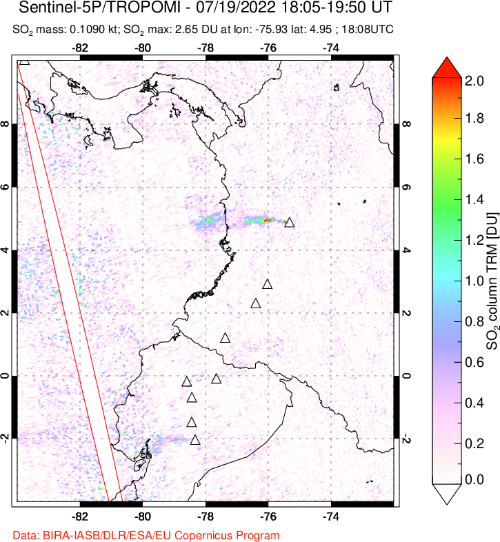 A sulfur dioxide image over Ecuador on Jul 19, 2022.