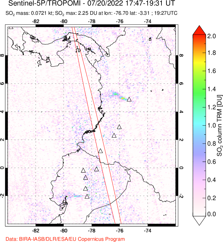A sulfur dioxide image over Ecuador on Jul 20, 2022.