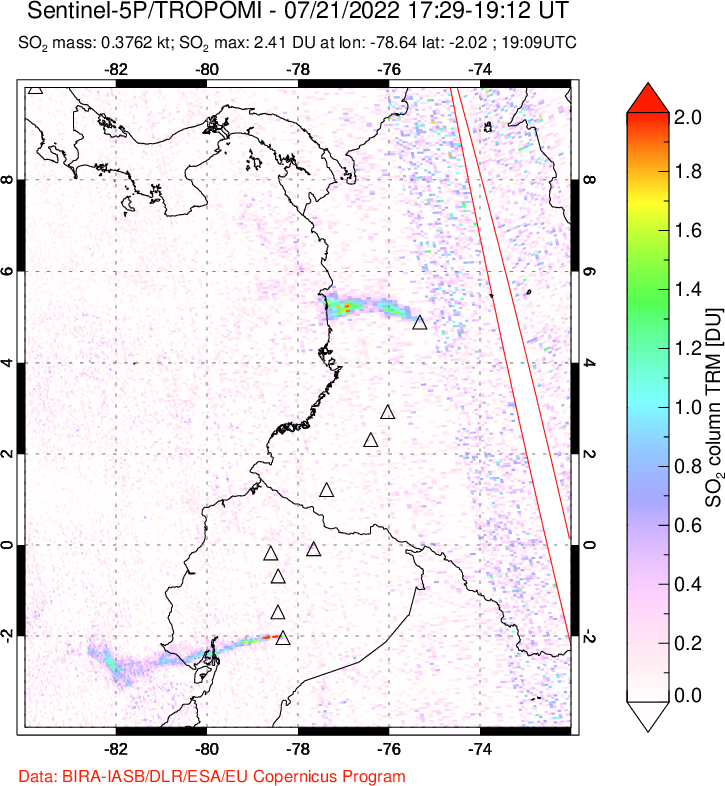 A sulfur dioxide image over Ecuador on Jul 21, 2022.