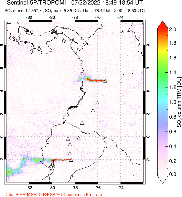 A sulfur dioxide image over Ecuador on Jul 22, 2022.