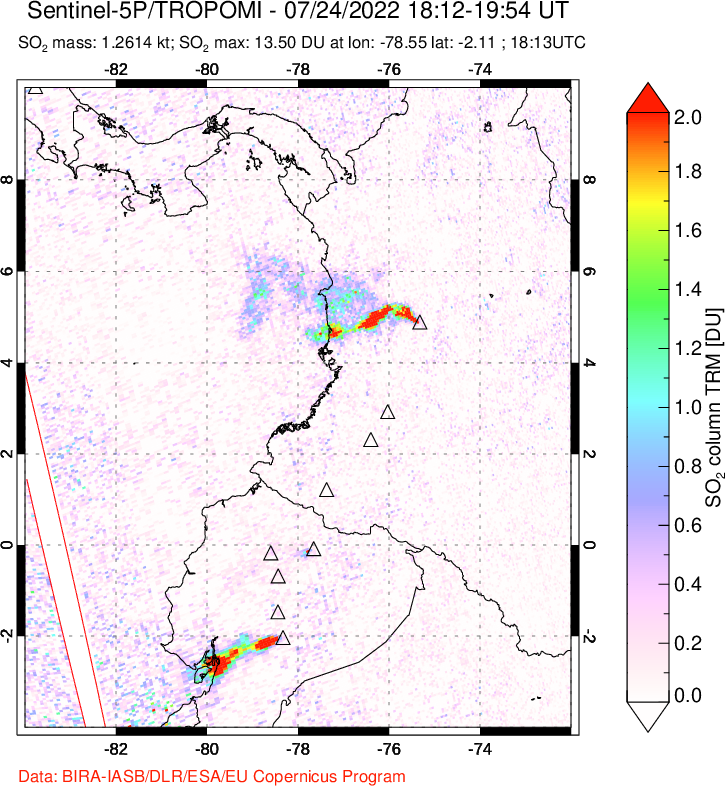 A sulfur dioxide image over Ecuador on Jul 24, 2022.