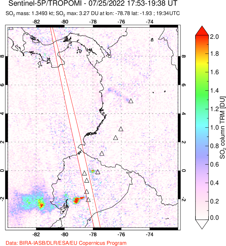A sulfur dioxide image over Ecuador on Jul 25, 2022.