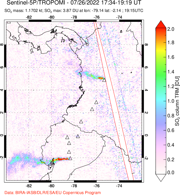 A sulfur dioxide image over Ecuador on Jul 26, 2022.