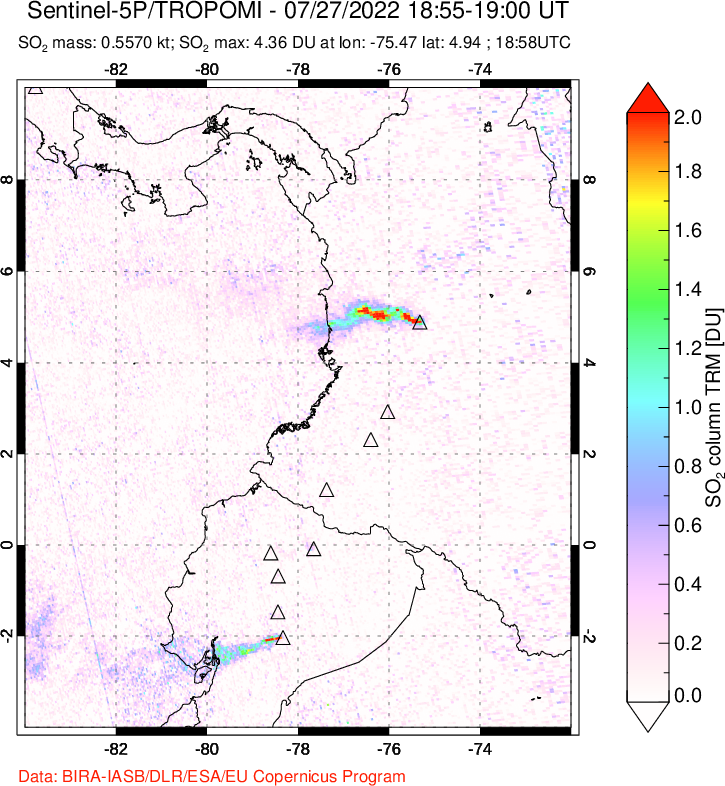 A sulfur dioxide image over Ecuador on Jul 27, 2022.