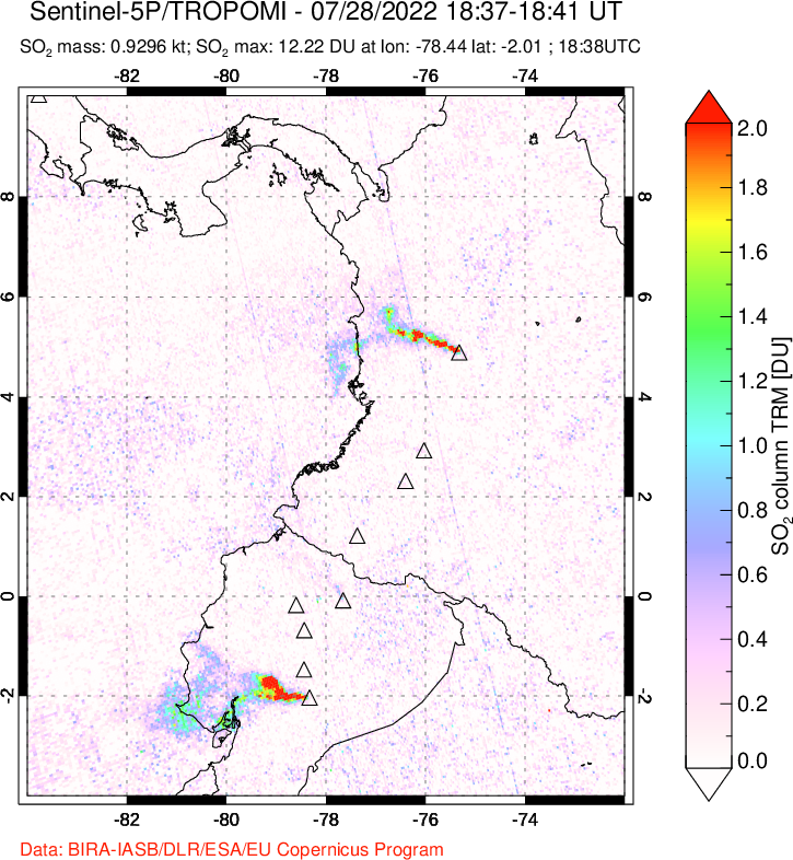 A sulfur dioxide image over Ecuador on Jul 28, 2022.