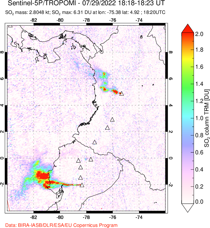 A sulfur dioxide image over Ecuador on Jul 29, 2022.