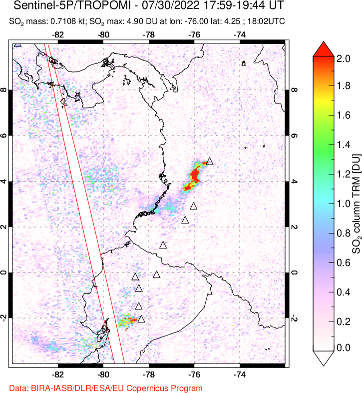 A sulfur dioxide image over Ecuador on Jul 30, 2022.