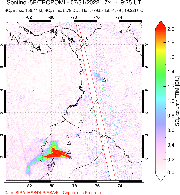A sulfur dioxide image over Ecuador on Jul 31, 2022.