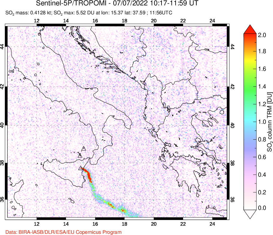 A sulfur dioxide image over Etna, Sicily, Italy on Jul 07, 2022.