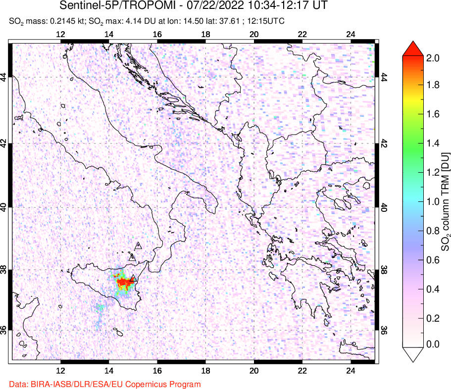 A sulfur dioxide image over Etna, Sicily, Italy on Jul 22, 2022.