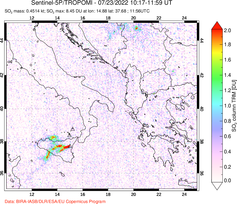 A sulfur dioxide image over Etna, Sicily, Italy on Jul 23, 2022.