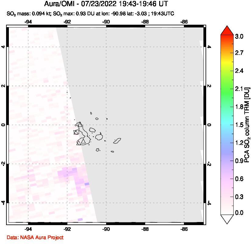 A sulfur dioxide image over Galápagos Islands on Jul 23, 2022.