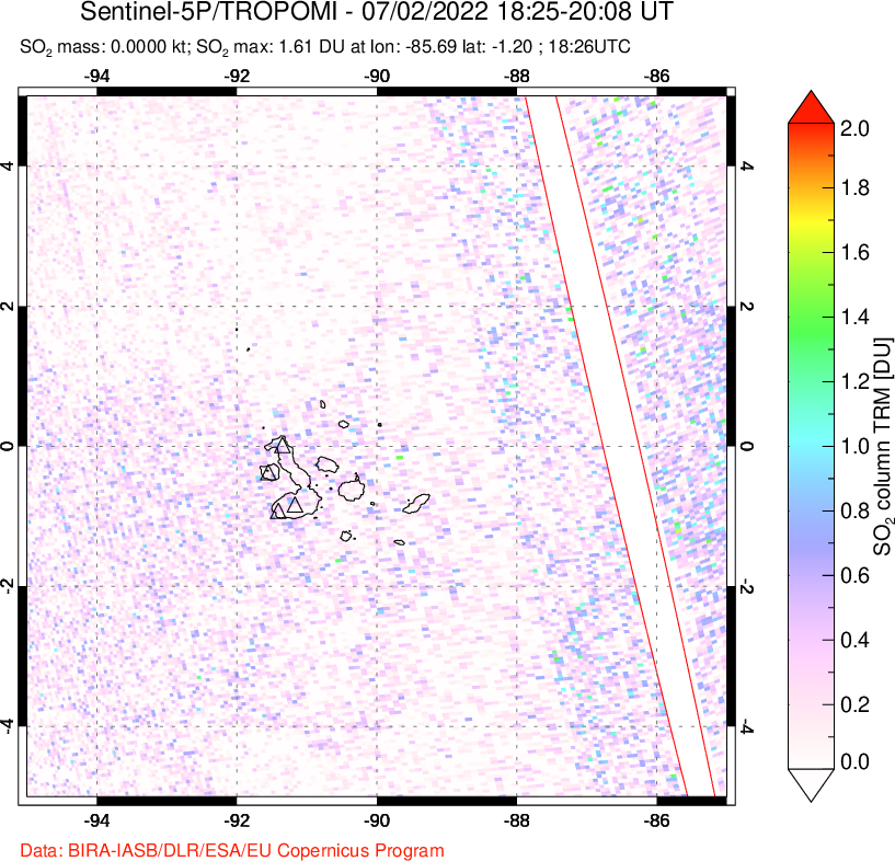 A sulfur dioxide image over Galápagos Islands on Jul 02, 2022.