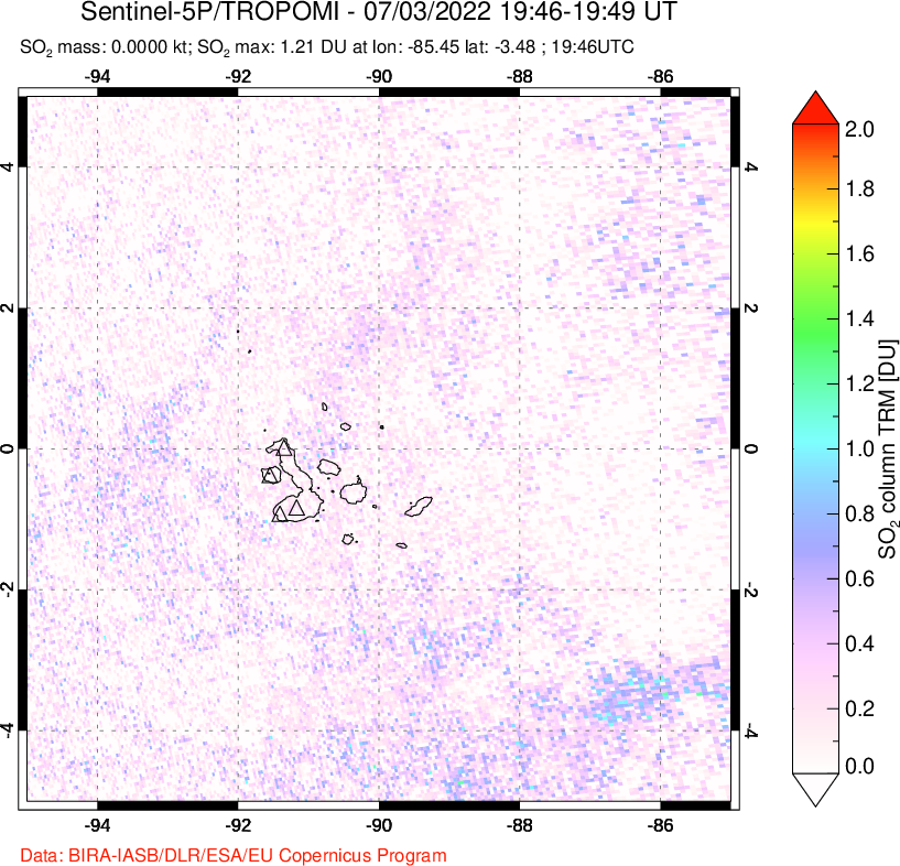 A sulfur dioxide image over Galápagos Islands on Jul 03, 2022.