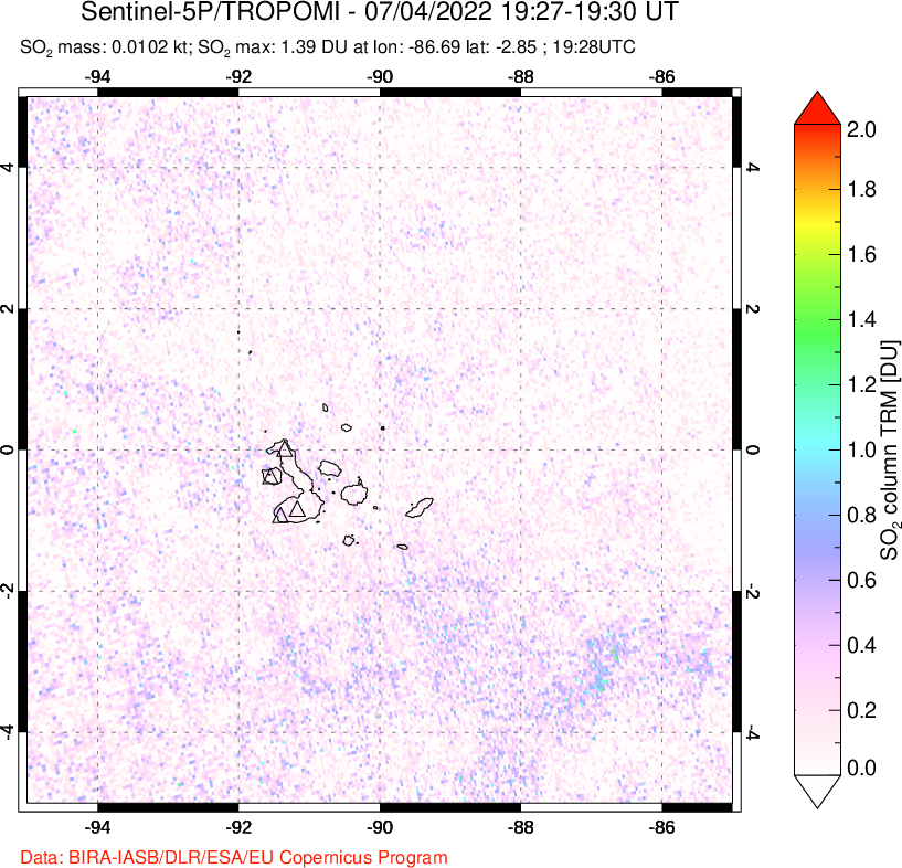 A sulfur dioxide image over Galápagos Islands on Jul 04, 2022.