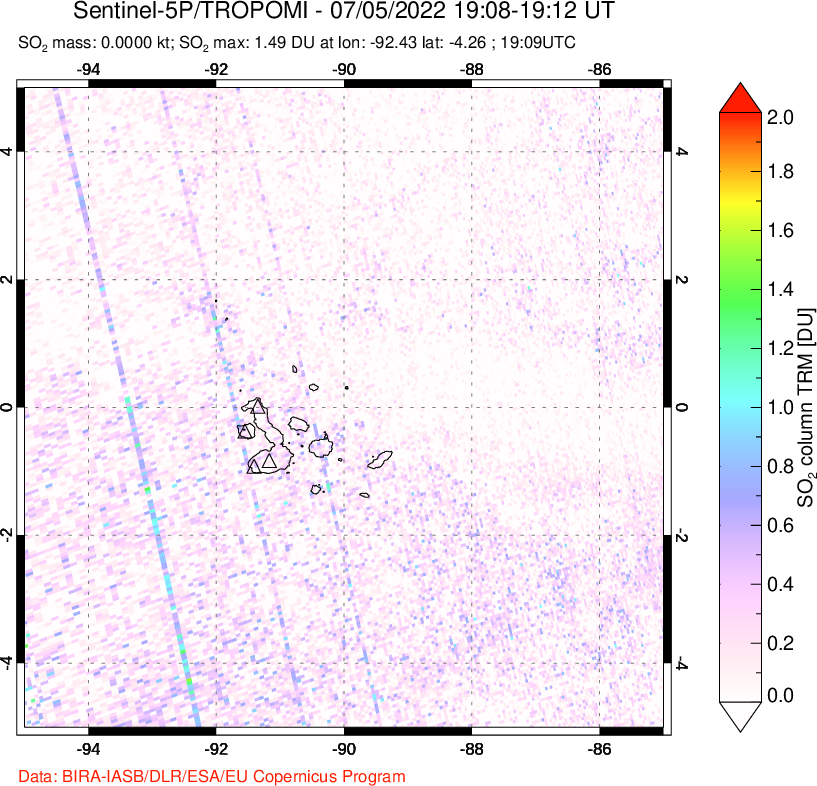 A sulfur dioxide image over Galápagos Islands on Jul 05, 2022.