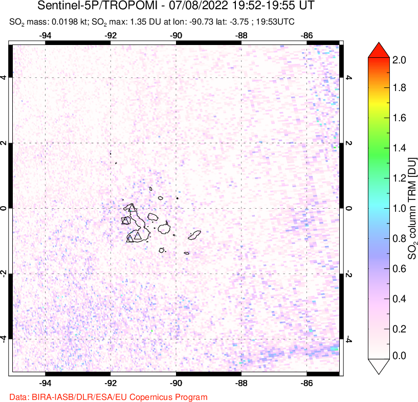 A sulfur dioxide image over Galápagos Islands on Jul 08, 2022.