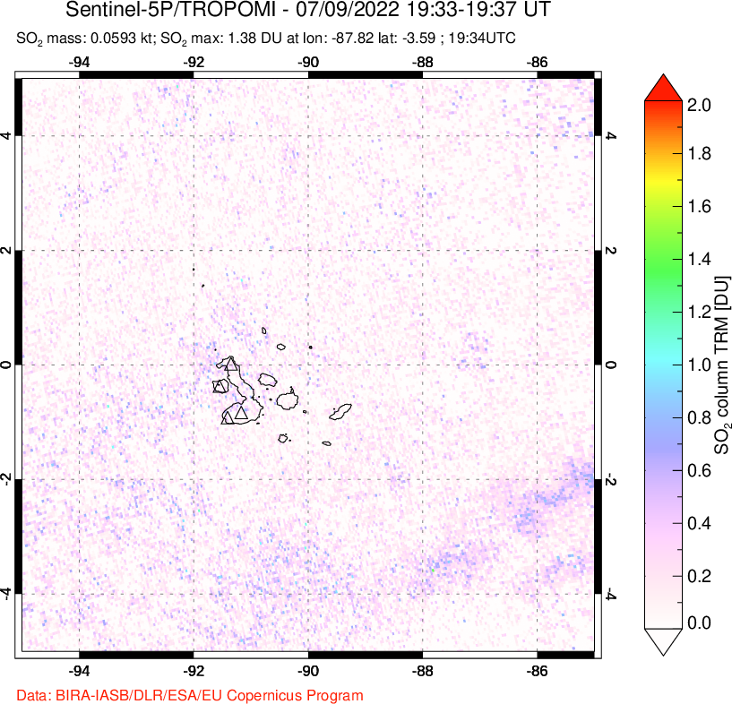 A sulfur dioxide image over Galápagos Islands on Jul 09, 2022.