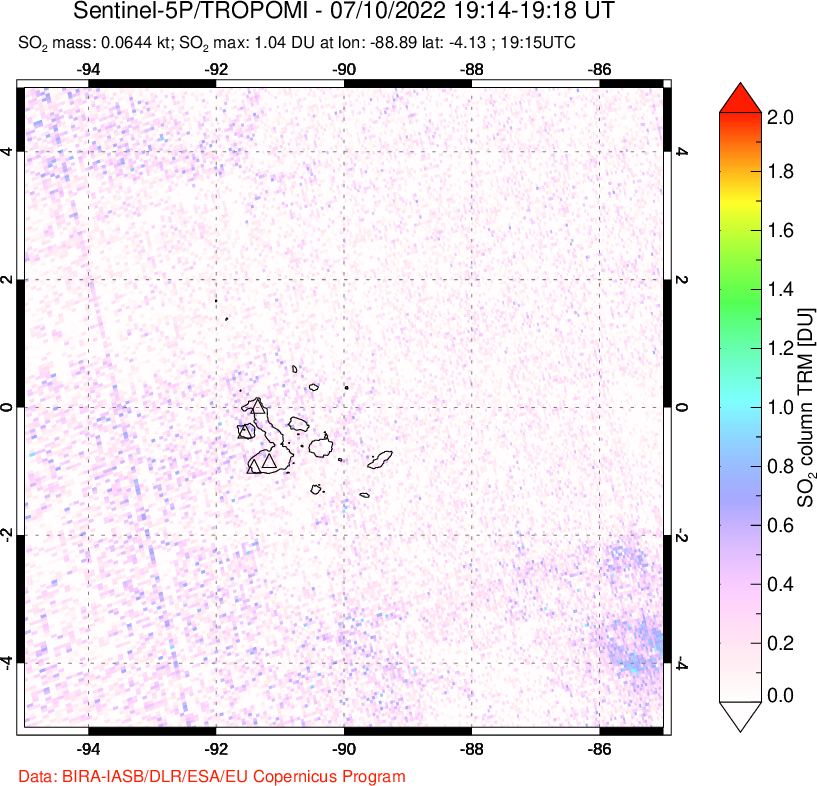 A sulfur dioxide image over Galápagos Islands on Jul 10, 2022.