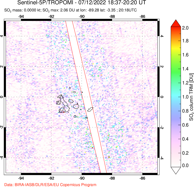 A sulfur dioxide image over Galápagos Islands on Jul 12, 2022.