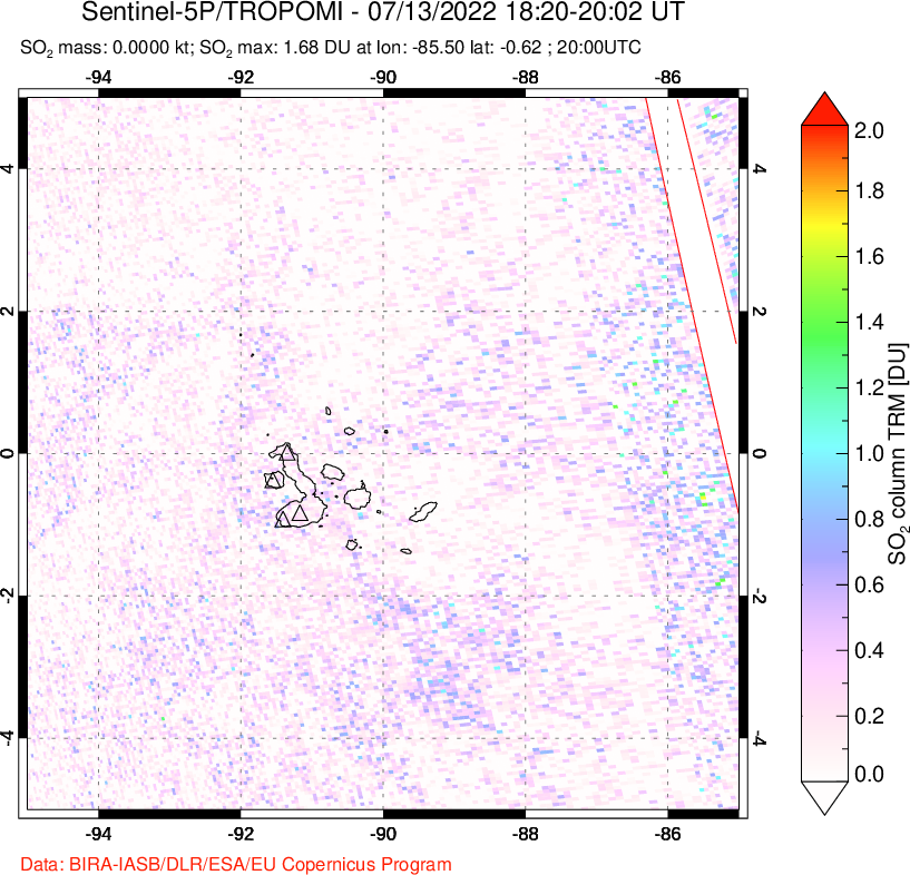 A sulfur dioxide image over Galápagos Islands on Jul 13, 2022.