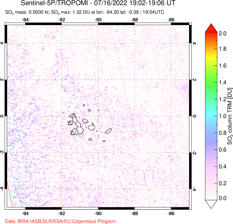 A sulfur dioxide image over Galápagos Islands on Jul 16, 2022.