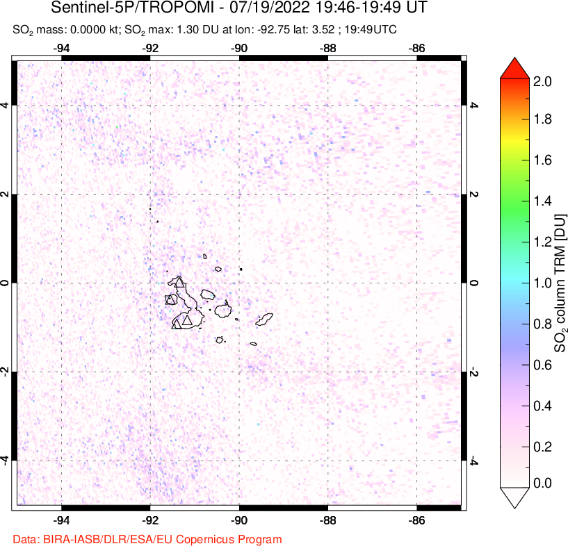 A sulfur dioxide image over Galápagos Islands on Jul 19, 2022.