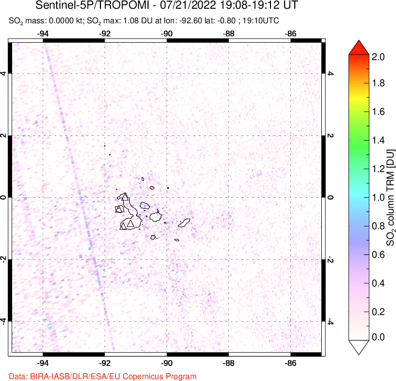 A sulfur dioxide image over Galápagos Islands on Jul 21, 2022.