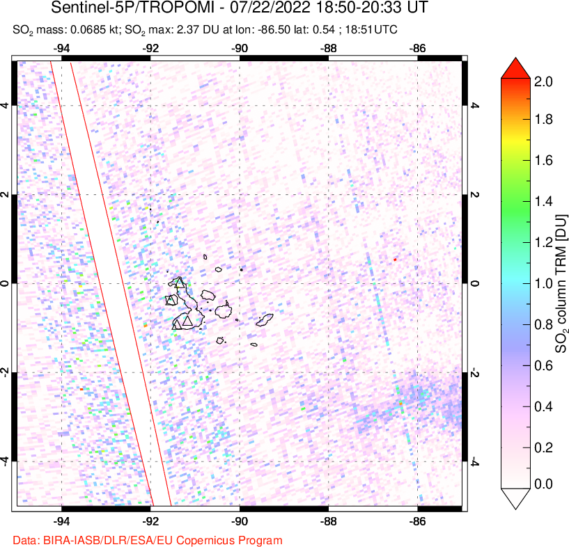 A sulfur dioxide image over Galápagos Islands on Jul 22, 2022.