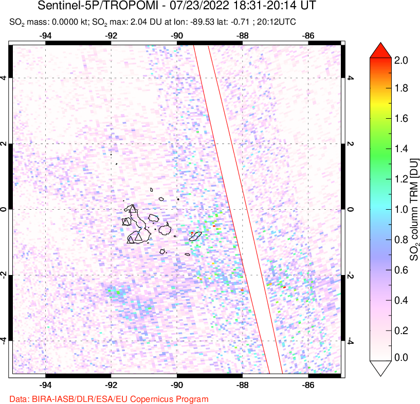 A sulfur dioxide image over Galápagos Islands on Jul 23, 2022.