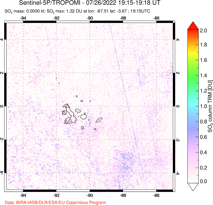 A sulfur dioxide image over Galápagos Islands on Jul 26, 2022.