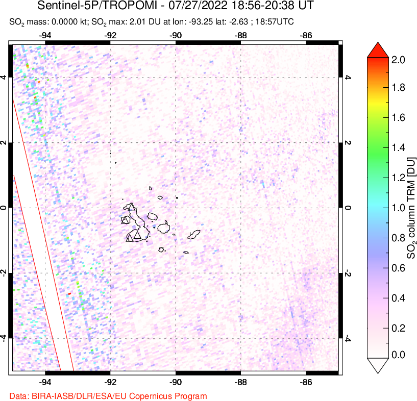 A sulfur dioxide image over Galápagos Islands on Jul 27, 2022.