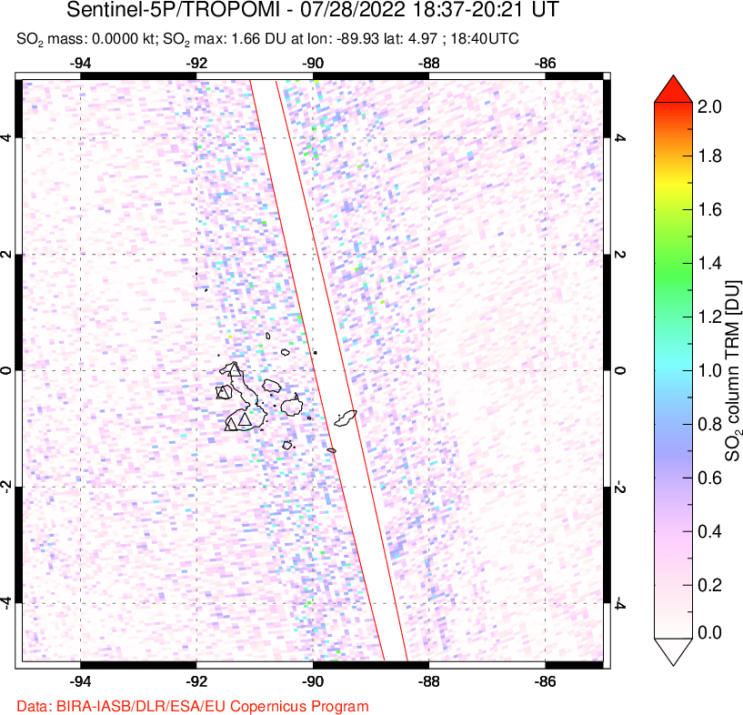 A sulfur dioxide image over Galápagos Islands on Jul 28, 2022.