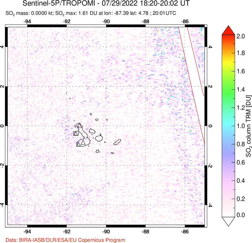 A sulfur dioxide image over Galápagos Islands on Jul 29, 2022.