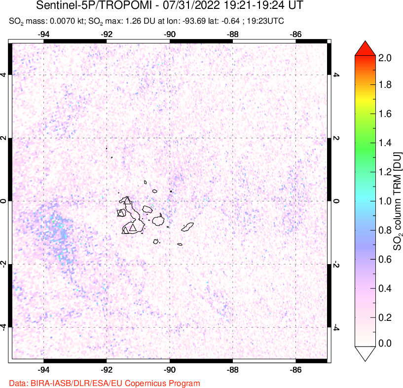 A sulfur dioxide image over Galápagos Islands on Jul 31, 2022.